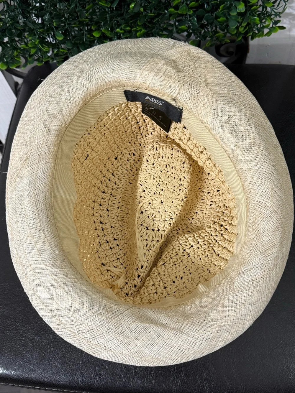Linen and Straw Cloche Hat with Brown Ribbon